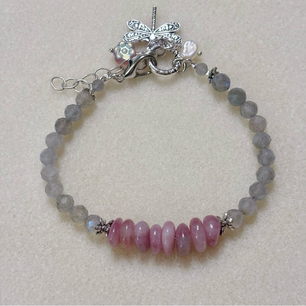 Pink Milky Quartz and Gray Labradorite- Dragonfly Charm- 6 mm beads